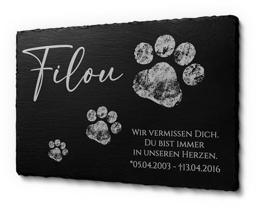 CHRISCK design Grabplatte für Hunde & Katzen aus Schiefer mit Gravur- Gedenktafel Haustier personalisiert als Andenken - Grabstein für Tiergrab selbst gestalten - 22x14 cm o. 30x20 cm