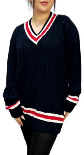LUXE DIVA Women's Cable Knit Cricket Sweater - V-Neck Long Sleeve Jumper | Stretch Wool Blend | Outdoor Winter Wear | Plus Sizes 16-26 Navy