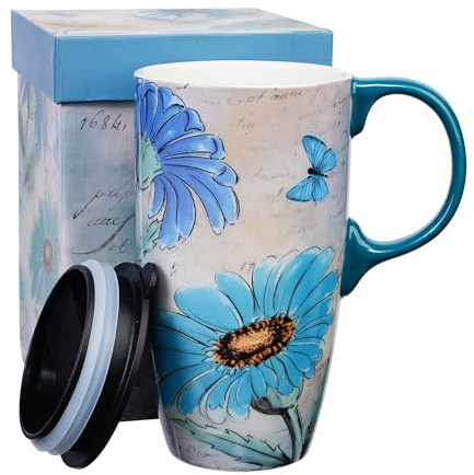 Topadorn keramisk kaffemugg resemugg med lock lattemuggar med handtag och matchande färglåda, 17 oz. Daisy
