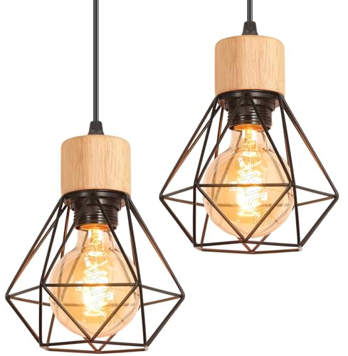 TOKIUS Pendelleuchte Vintage Industrial 16CM Hängelampe Geometrischem Design E27 Lampe aus Holz Eisen Käfig Lampenschirm Schwarz Hängeleuchte für Esstisch Küche (Pendellampe 1-flammig, 2 Stücke)