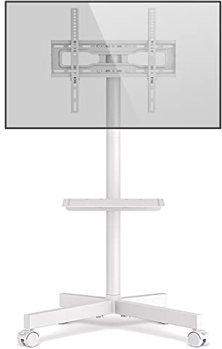 RFIVER Mobile TV Stand on Wheels for 27-60 Inch LCD LED Flat Screen Curved Screen TVs up to 40 kgs, Height Adjustable Shelf Rolling TV Cart as a Movable Portable TV Stand, Max VESA 400x400mm, White