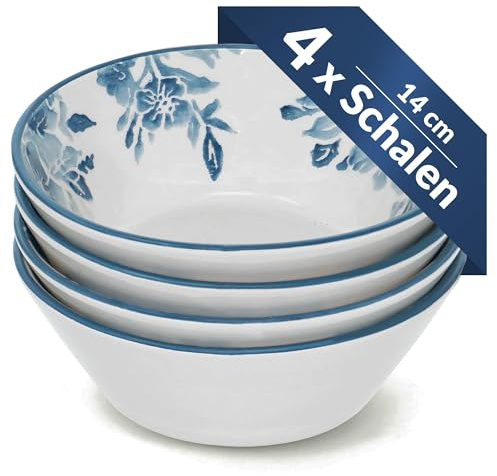 Lashuma Keramikschalen blau Enzian, 4er Dessertschüsseln Set, Obstschalen tief 14 cm Ø