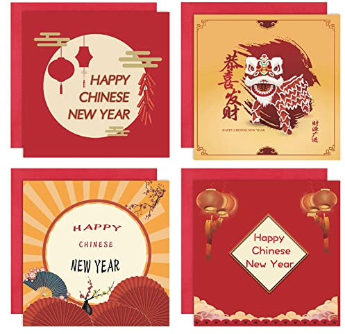 4er Set Quadratische Chinesische Neujahrskarten und Umschläge Set mit Chinesischen Roten Laternen Löwentanz Segen Karten Viel Glück Grüße Feiertag Klapp Grußkarten für Freund Familie