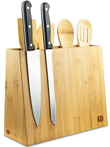 naturlik Messerblock magnetisch + 5-teiliges Kochlöffel-Set - 2 in 1: Messerblock ohne Messer & Utensilienhalter Küche - Bambus Messerhalter magnetisch - Magnet Messerhalter - Küche Organizer