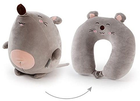 U-förmiges elastisches Reisekissen Nackenkissen, 2-in-1 wandelbares Kinder-Nackenkissen, tragbares Cartoon-U-förmiges Kissen für den Außenbereich, Büro, Nickerchen (grauer Bär) (Farbe: graue Maus)