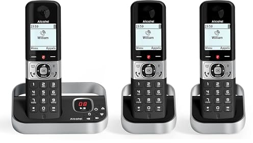 ALCATEL F890 Voice Trio - Cordless Phone DECT With Answering Machine - High Resolution Graphical Display - Handsfree - Call Barring - VIP Ringtone - 50 Min Answering Machine - 3 Handsets - Black/Grey