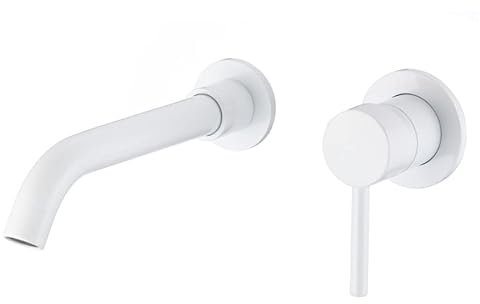 VALAZ Rubinetto Bagno Lavabo a Muro Bianco | Miscelatore Lavabo Bagno Acqua Fredda e Calda, Risparmio Acqua | Installazione Facile | Ottone, Inossidabile, Elegante, Becco 21cm, Serie Guadiana