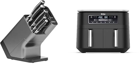 Bloc-couteaux Ninja Foodi StaySharp avec Affûteur, 6 Pièces Aiguisés, Acier Inoxydable, K32006EU + Ninja Foodi Dual Zone Airfryer Digital, 2 Tiroirs, 7,6L, 6-en-1, Sans huile, AF300EU