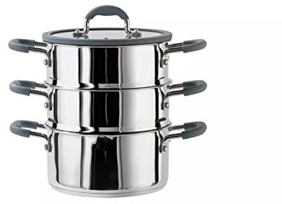 Martin Mart Stainless Steel with Silicone Rim Steamer Soft Grey Silicone Rims And Handles Make It Easier And Safer - 3 Tier