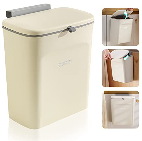 Accmuzzy Pattumiera da Cucina, 9 L Cestino per Rifiuti, Pattumiera Sospesa con Coperchio per Bagno/Camera da Letto, Pattumiera per Camper, Contenitore per Compost da Cucina(Crema)
