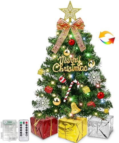 Dual Color Change&Remote Control 24 Inch/2FT Tabletop Christmas Tree with Lights Timer, 20 Warm White&Colored Lights 8 Modes 27 Orantments Star Boxes Mini Small Christmas Tree Xmas Home Party Decor