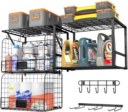 ThreeHio Mensola da garage a parete con cesti metallici, resistente mensola da parete per garage con rack per attrezzi da giardino e ganci, organizer per attrezzi per casa, giardino, cortile e