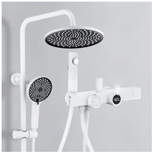 SWHC Duschsystem mit Thermostat, Weiß Regendusche Duschset Wandhalterung Duscharmatur Duschstange mit Duschkopf, Handbrause, Armatur Badewanne und Bidet Sprayer