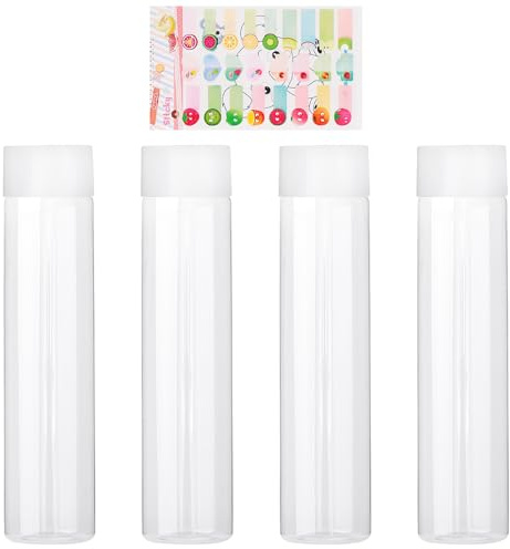 4 Botellas Cilíndricas Con Tapas Blancas y Pegatina de Frutas - Plástico Transparente Para Jugo y Leche - Recipientes Reutilizables Para Bebidas