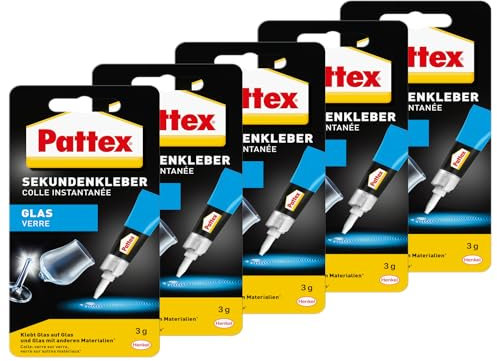 Pattex Sekundenkleber Glas, klebt auf Glas und Glas mit anderen Materialien*, Transparent, Spülmaschinenfest, 5x 3g