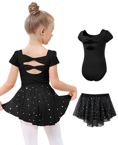 JiAmy Ballettkleidung Mädchen, Ballettkleid Mädchen Ballettanzug, Baumwolle Kurzarm Balletttrikot Turnanzug Tanzbody + Chiffon Wickelrock Tütü Rock Tanzkleid 2tlg für Kinder 2-11Jahre