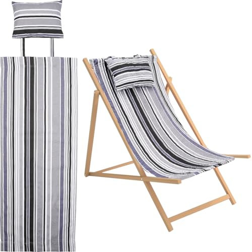 GORGECRAFT Cotton Beach Sling Chair Replacement Canvas Gray and Black Stripes Pattern Oxford Cloth Lounge Chair Fabric Reclining Sling with Pillow for Garden Courtyard