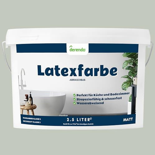 derendo Latexfarbe grün caperngrün matt abwaschbar 2.5 Liter für Innen Küche Badezimmer streichen grüne Wandfarbe hohe Deckkraft dunkelgrün 2,5L