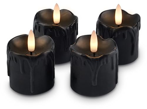 Rhytsing 4er Schwarze LED Kerzen mit Timerfunktion Für Halloween, Flammenlose Votivkerzen Echtes Wachstropfen-Optik, Batteriebetriebene Teelichter Für den Winter - D5cm