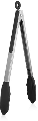 U-Taste Pinzas de Cocina de Silicona: 250℃ Resistentes al Calor con Puntas de Goma Antiadherentes Firmemente Selladas, Mango de Acero y Bloqueo Suave para Barbacoa (Negro, 30cm)