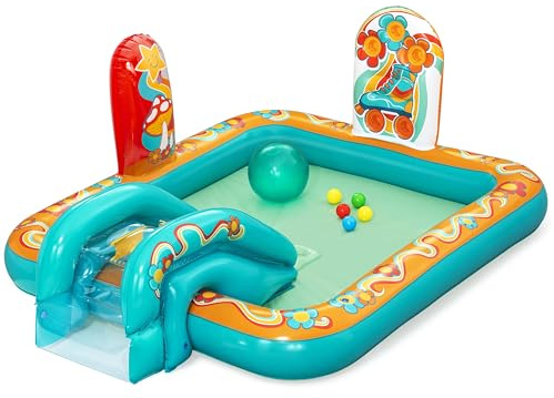 Bestway Wasserspielcenter Retro-Welt, 193 x 152 x 74 cm, ab 2 Jahren, mit Wassersprinkler, Rutsche, Spielwand, Wasserball, 5 Spielbälle, PVC, Retro-Design