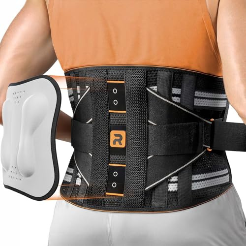 Rakiie Ryggstödsbälte för män och kvinnor, 8-faldigt ländryggsstöd med 3D-dyna och massage, ventilerande ryggbandage för att lindra ryggsmärtor, orange, storlek M (midja: 85–100 cm)