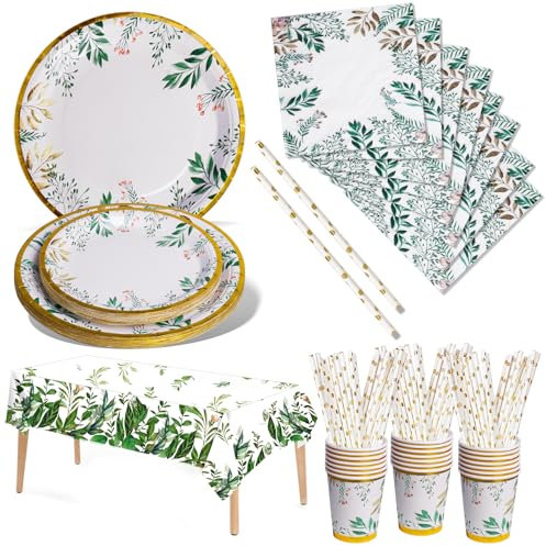 Nkaiso Vert Sauge Assiette Anniversaire, 121pcs Or Vert Party Vaisselle, Kit Vaisselles Anniversaire Assiette Dîner Papier Tasse Serviette, Enfants Party Fête Decoration Mariages -24 invités