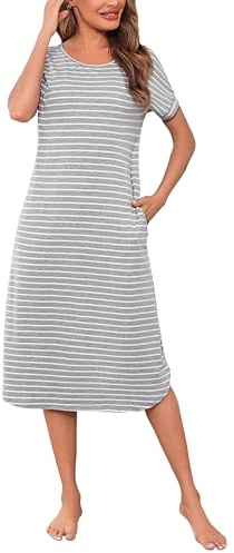 Litherday Camisón Mujer Largo Algodón Verano con Bolsillos Camiseta Dormir Rayas Manga Corta Suave Cómodo y Fresco para Casa y Dormir Tallas Grandes,Gris y Blanco, M