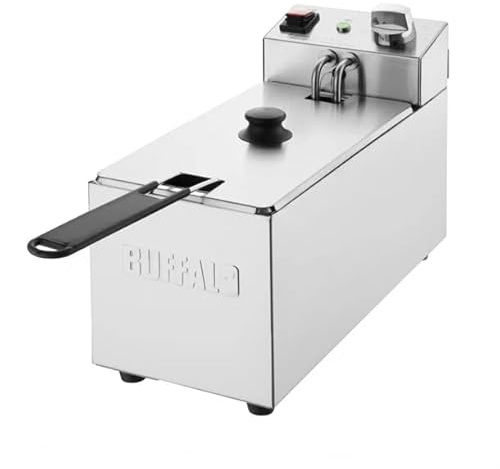 Buffalo Single Tank Single Basket 3Ltr Countertop Fryer 2kW - Kitchen Commercial Stainless Steel Deep Fat Fryer Machine for Chips, French Fries, Donuts CU614 | Single-tank setup with basket prepares chips and donuts quickly using adjustable temperature dials to save cooking time.