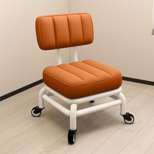 Rollhocker mit Rückenlehne, weicher Ledersitz, Metallrahmen, 360 Grad drehbar, Kugellager, kurzer Hocker für Zuhause, Garten, Massage, Büro, Garage, Geschäft