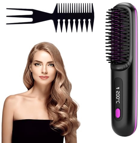 KBIBCK Glättbürste Kabellos, Tragbare Mini Glätteisen, Haarglätter Bürste, Haarglättungsbürste mit LED-Bildschirm, Portable Cordless Hair Straightener with Heated Hair Com
