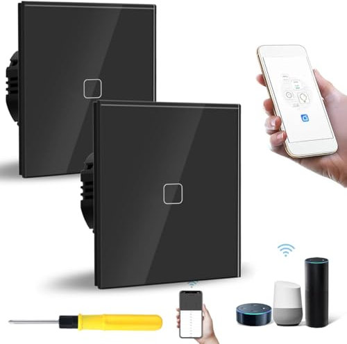 Acmerota WiFi Smart Light Switch - Touch Panel 1 Gang 1 Way Black Glass, Pack of 2, Compatible with Alexa & Google Home Voice/App Control