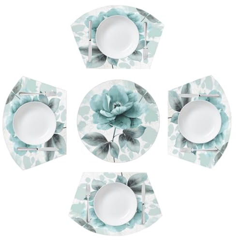 Mexpekil Elegant Teal Flower Leaves Placemats Set of 4 for Round Table Wedge Place Mats with Centerpiece Heat Resistant Washable Plate Mats for Kitchen (5 Pcs)