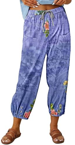 Vectry Pantalones Capri de Mujer Pantalones Casuales Sueltos de Cintura Alta con cordón de algodón de Verano con Bolsillos Mallas De Cuero Mujer (Blue, XXXXXL)