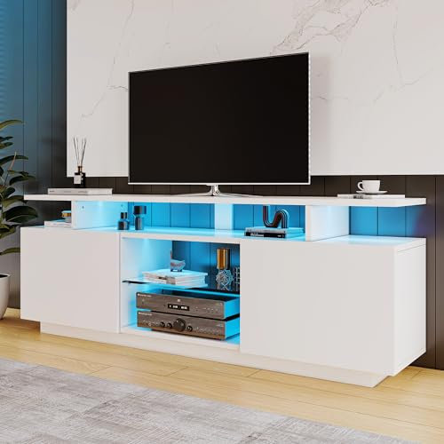 Aurofurz Meuble TV - Longueur : 160 cm - Étagère en verre réglable - Espace de 70 pouces - Système d'éclairage LED RVB réglable - 16 couleurs - Meuble TV brillant pour salon et chambre à coucher