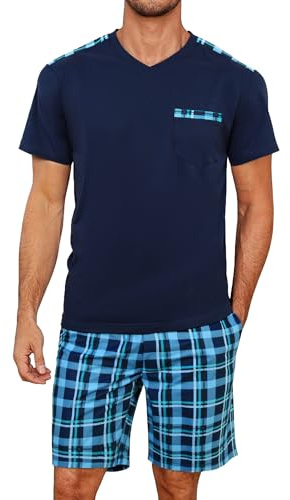 Litherday Schlafanzug Herren Kurz Sommer Baumwolle Shorty Pyjama Set Kurzarm Zweiteiliger V-Ausschnitt Schlafanzughose Jungen Nachtwäsche Marineblau XL