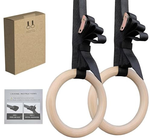 HTRTRR Gymnastikringe aus Holz - 28 mm Gymnastikringe aus Birke - Verstellbare Bänder mit Schnellverschluss und Karabiner - Ringe für Aerobic, Gymnastik, Fitness und Sport - Outdoor und Indoor