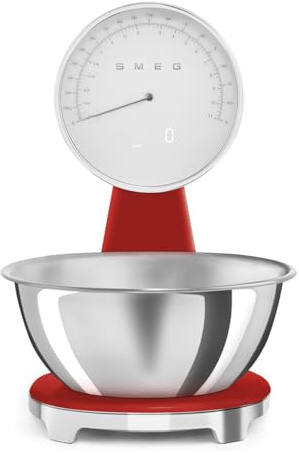 Smeg, Digitale und Analoge Küchenwaage KSF01RDWW, Abnehmbare 1,8-l-Edelstahlschüssel, vier Maßeinheiten g/ml und lb.oz/fl.oz, mit Tara-Funktion, Maximale Kapazität 5 kg, Rot