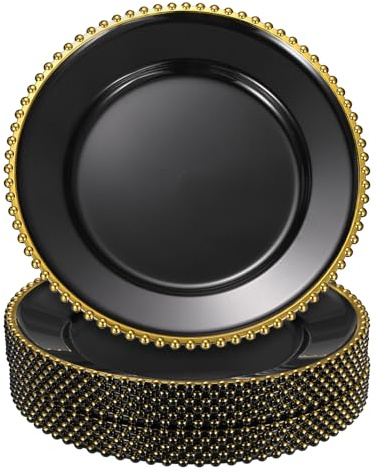 sourcing map Lot de 12 assiettes de présentation rondes en plastique transparent de 33 cm avec bordure perlée pour fête de mariage, événement, décoration de table, doré sur noir