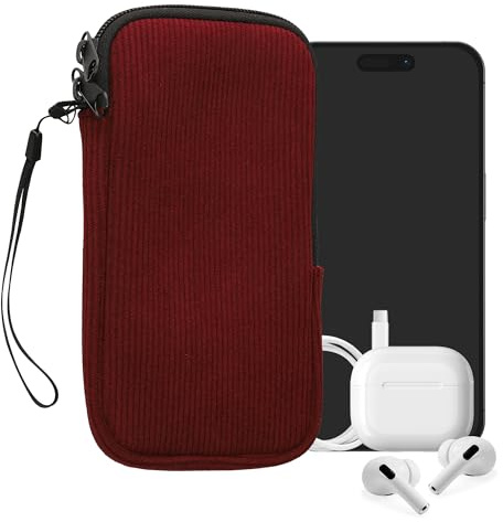 kwmobile Universal Smartphone fodral - manchester med handrem och dragkedja - inre nätficka - mobiltelefonfodralväska - neopren telefonstrumpa - gråbrun röd