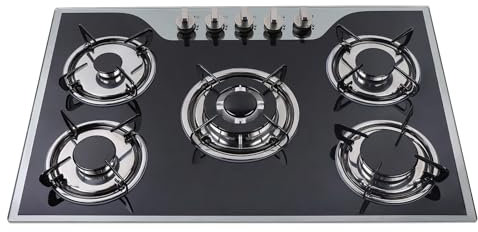 Czyurachel Built-in Gas Hobs 5 Burners, Gas Cookers, Battery Pulse Auto Ignition, Knobbed, Large Panel Design, 77x51x15cm, Minimum Embedding Depth 10 cm