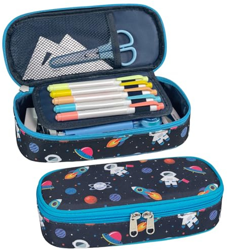 Bagseri Federmäppchen Jungen - Große Kinder Federtasche für Kita und Schule | Robust, Wasserabweisend, Mäppchen Jungs mit 2 Fächern, Netztasche & Stifthalter für schnelle Ordnung, Blau Weltraum