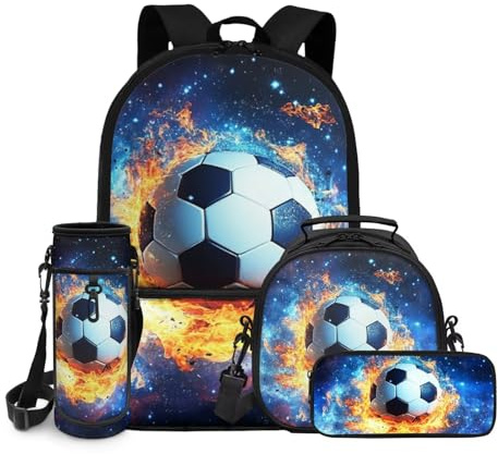 chaqlin Fire Football School Bookbags Set for Boys Girls Schoolbags with Insulated Lunch Box Pencil Holder Set 4 Pack Kids Water Bottle Carrier Schoolbags Set Primary Elementary Large Travel Rucksack