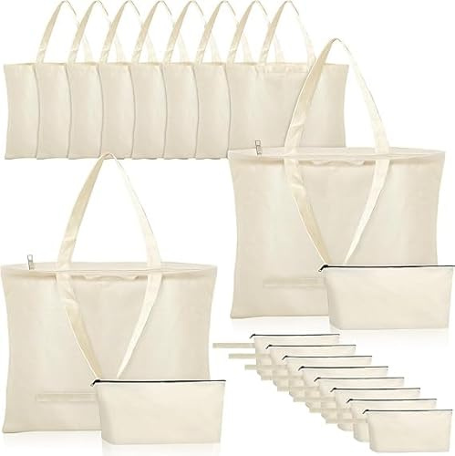 20 Pack Sublimation Blank Tote Bags, 43 x 33 cm Reusable Canvas Tote Bag with Zipper Cosmetic Pouches, DIY Heat Transfer Shopping Grocery Bag Bulk for Women Craft Painting Gift Decoration