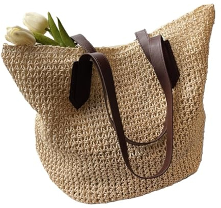 AMENGJ Bolso de Mano de Mujer Bolso de Hombro for Mujer, de Paja, Tejido de Playa, Grande, Informal, de Crochet, for Compras(Beige)