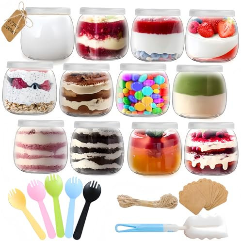 Rliocvhe 200 ml Tarros de Yogur Transparentes con Tapa 12 Piezas, Recipientes de vidrio para pudín y yogur,tarros de Cristal pequeños con tapas para conservas, mermeladas, jaleas, miel, postres