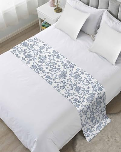 Blue Flower Bed Runner for King Size, Vintage Farmhouse Boho Leaf Spring Summer Bedspread Protector Slipcover Bed Scarf for Foot Runners & Scarves for Bedroom Hotel Wedding Room 102x20 Inches