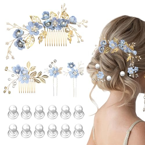 16PCS Bridal Wedding Blue Hair Accessories for Women, Elegant Decorative Flower Hair Pins & Comb Set, Spiral Twist Pearl Hair Decorations for Brides Bridesmaids Guest Prom