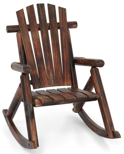 FANTASK Schaukelsessel aus Massivholz, Rustikaler Relaxstuhl, Schwingsessel mit hoher Rückenlehne und Lattenrost Sitz, für Garten, Terrasse, Balkon