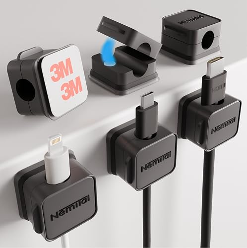 [6 Stück] NemiTal Kabelhalter Kabelclips, starker Kleber, Magnetische Kabelmanagement selbstklebend, Anpassbar, Cable Holder, Organizer für Schreibtisch in Schwarz, Kabelhalter für HDMI, Ladekabel